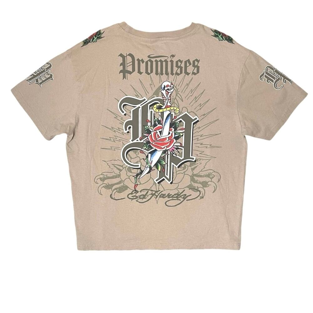 Ed Hardy x Broken Promises Love Scars Beige T-Shirt Size XL Cyber Y2K Tattoocore - Picture 7 of 13